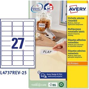 AVERY Etichetta adesiva L4737REV bianca rimovibili 25fg A4 63,5x29,6mm (27et/f) laser