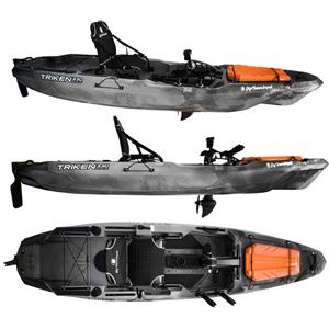 BIG MAMA KAYAK A PEDALI TRIKEN 330 - CANOA MONOPOSTO FISHING CON 4 PORTACANNE, 2 GAVONI, TIMONE, SISTEMA DI PEDALI, SEDILE RIALZATO, 11 BARRE DI SCORRIMENTO ver. coperchio arancio