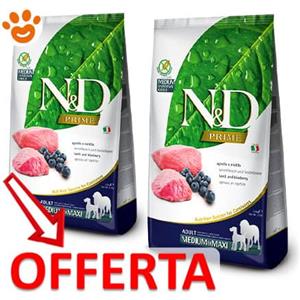 Farmina Dog N&D Prime Adult Medium Maxi Grain Free Agnello e Mirtillo - Offerta [PREZZO A CONFEZIONE] Quantità Minima 2, Sacco Da 12 Kg