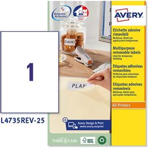 AVERY Etichetta adesiva L4735REV bianca rimovibili 25f A4 210x297mm (1et/fg) laser
