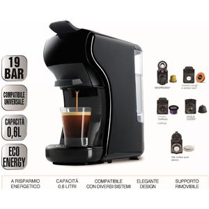 DCG ES6517 - Macchina Del Caffè Universale, serbatoio 0,6 Litri, 19 BAR, 1.450W - NERA+ Omaggio 15 Pz Cialde / Capsule